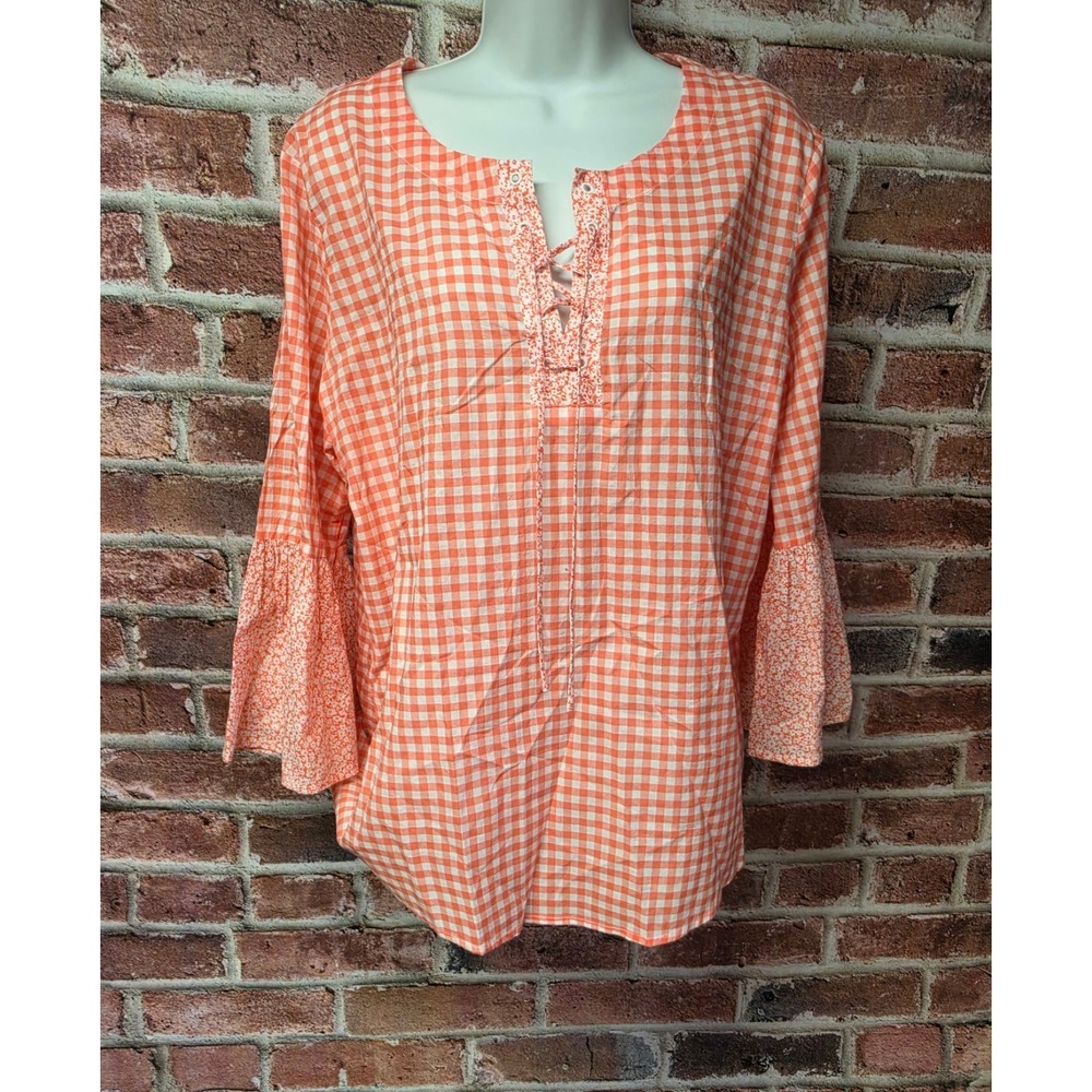 Women's ST JOHN'S BAY Long Flared Sleeves Gingham Peasant Top XL